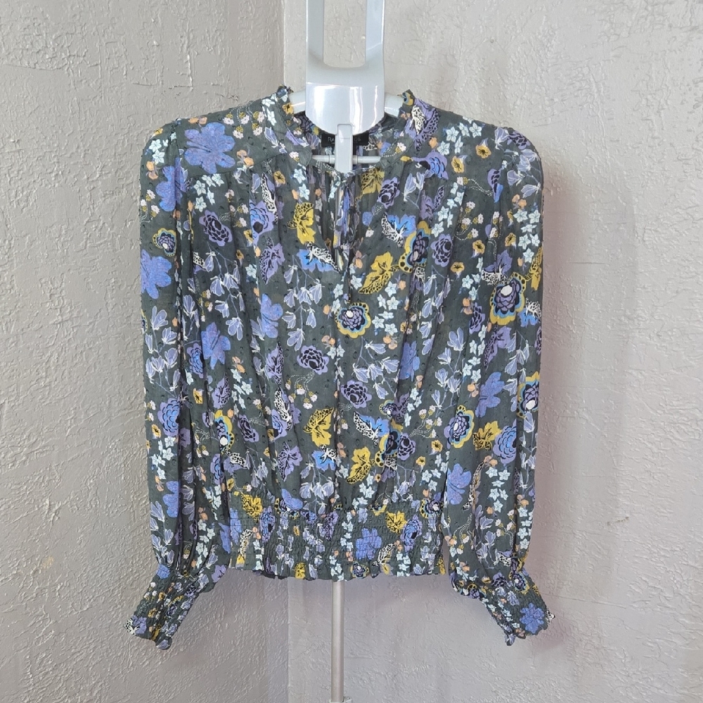 Rachel Zoe Sheer Floral Blouse - Gray with Blue and Yellow